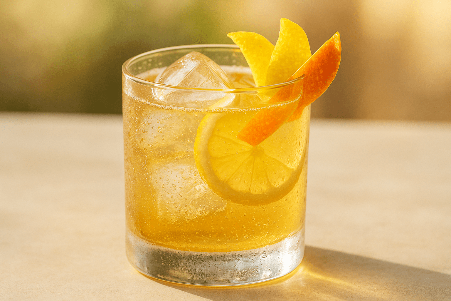 Verre à pied rempli d’un cocktail London Collins doré, avec glaçons, zeste de citron et paille noire