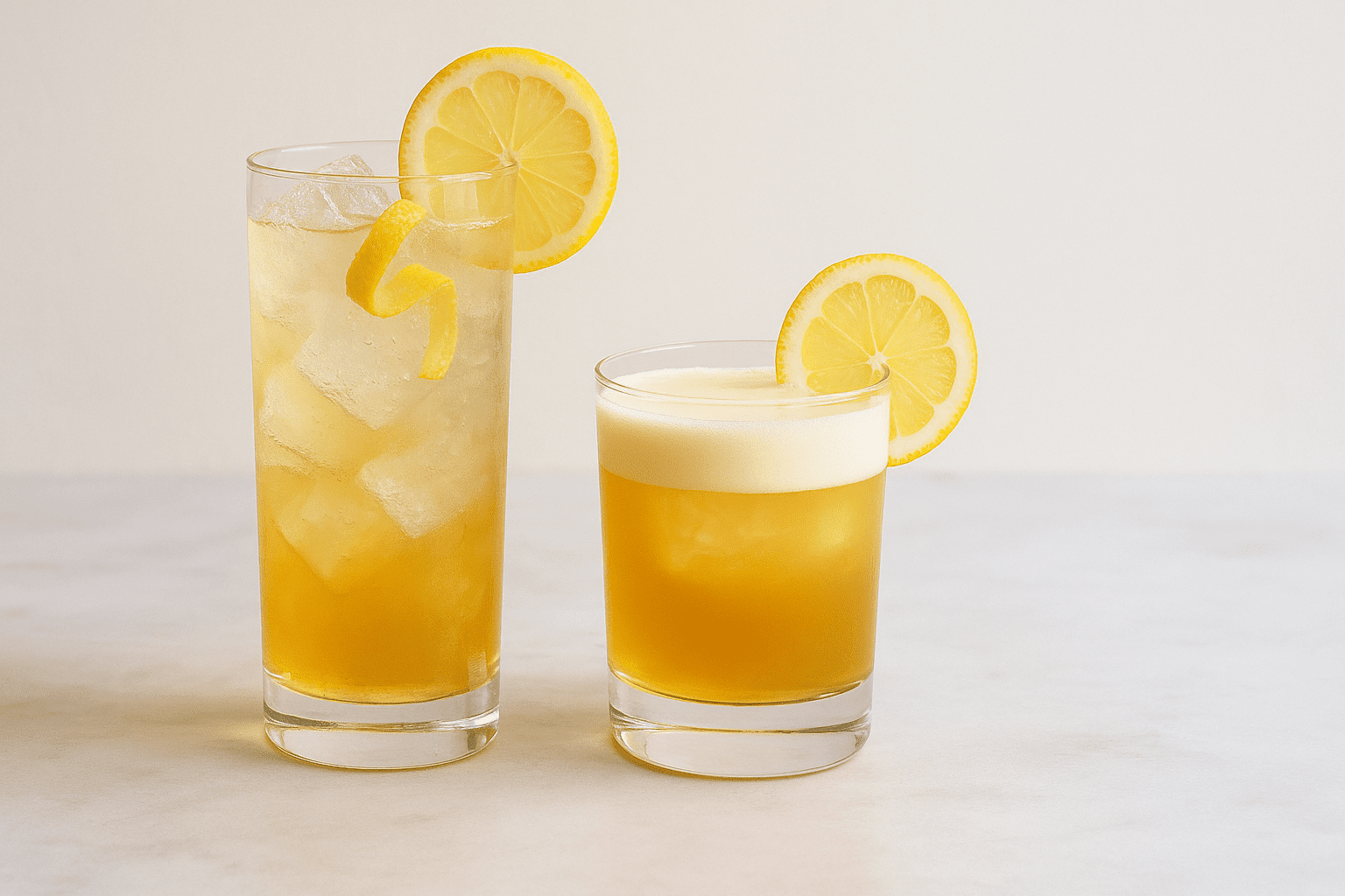 verres de cocktails whisky citron Collins et Sour côte à côte avec tranches de citron