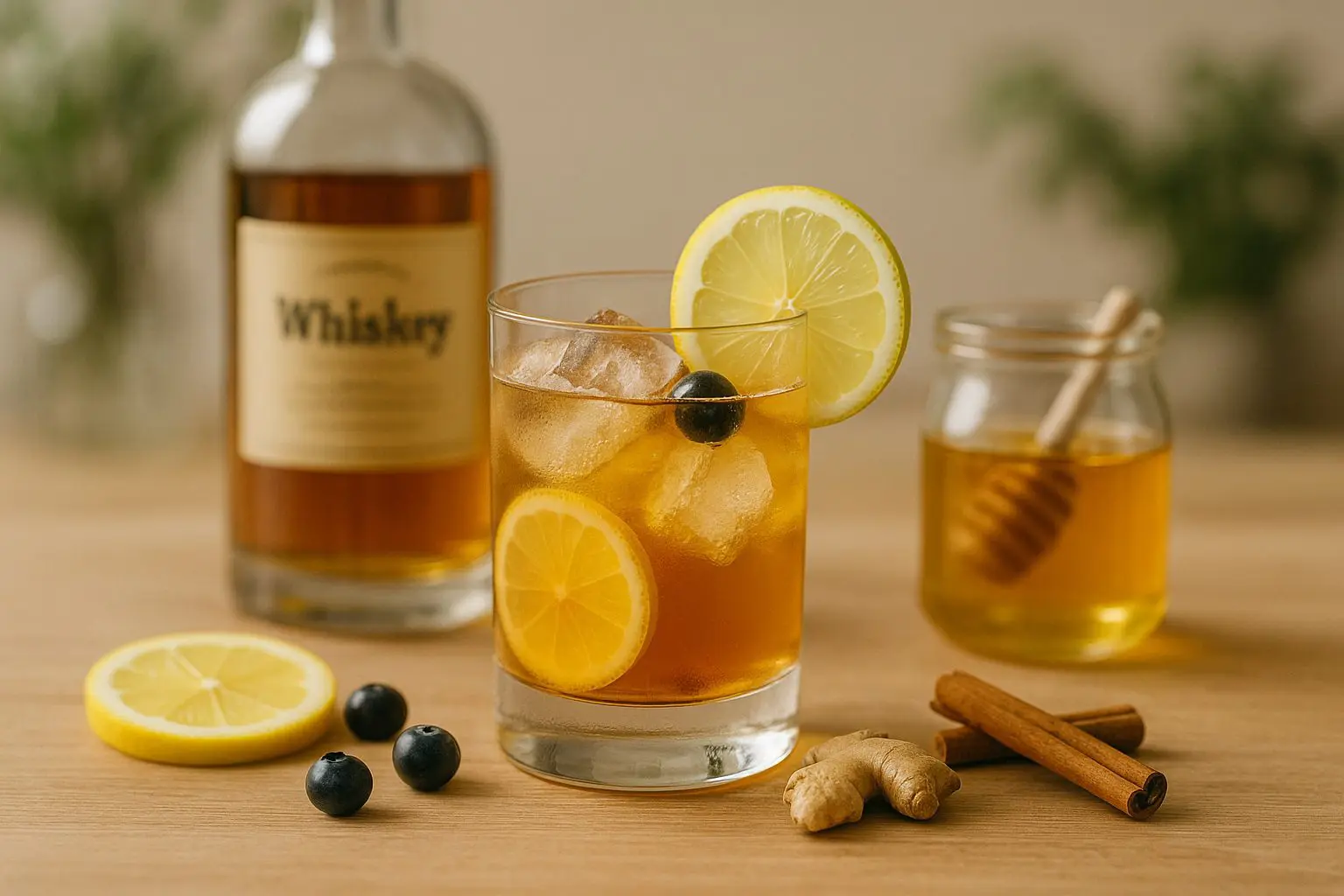 Verre de whisky mélangé au citron avec glaçons, tranches de citron, myrtilles, pot de miel, gingembre et cannelle sur table.