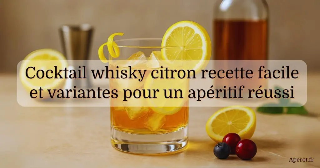 Verre de cocktail au whisky et citron sur une table d’apéritif avec glaçons, rondelles de citron et pot de miel