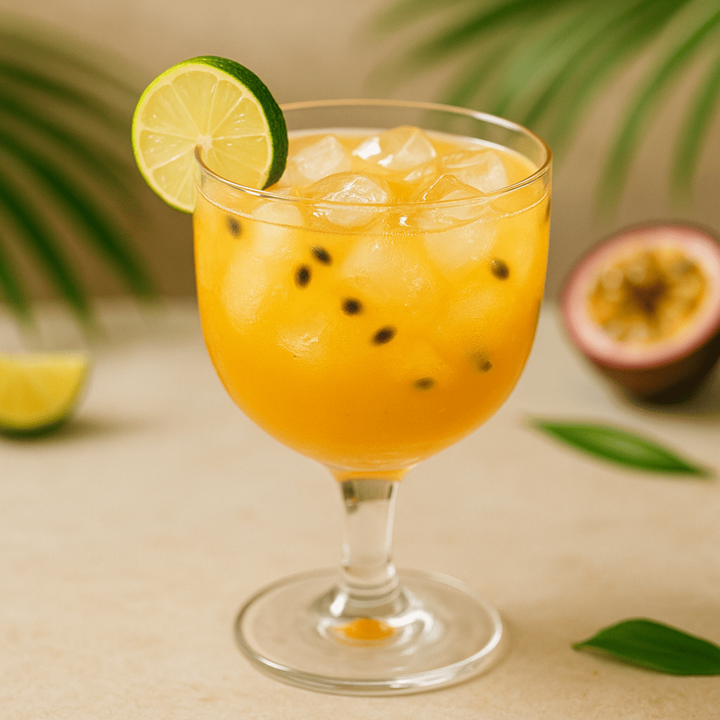 Cocktail au whisky, fruit de la passion et citron vert servi dans un verre à pied avec glaçons