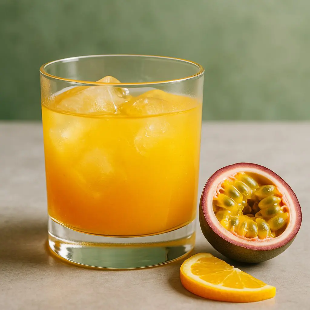 Verre de cocktail au whisky et jus de fruit de la passion avec glaçons, tranche d’orange et fruit de la passion frais.