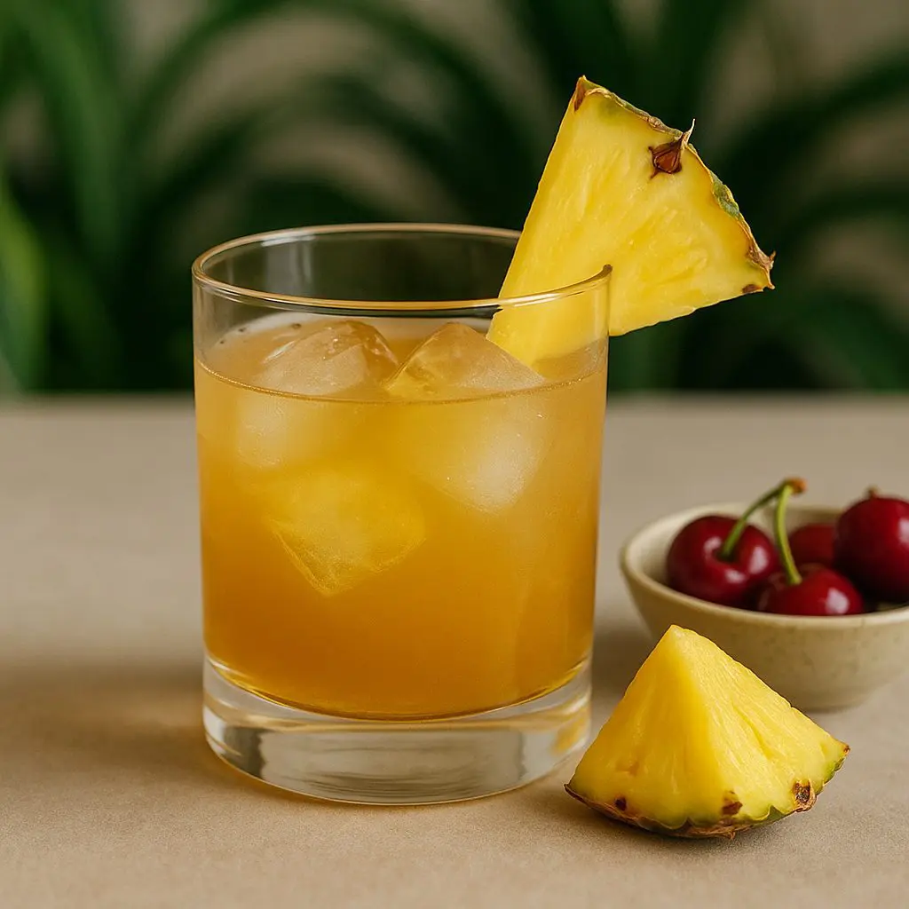 Verre de cocktail au jus d’ananas avec glaçons et tranche d’ananas, posé sur une table avec cerises en arrière-plan.
