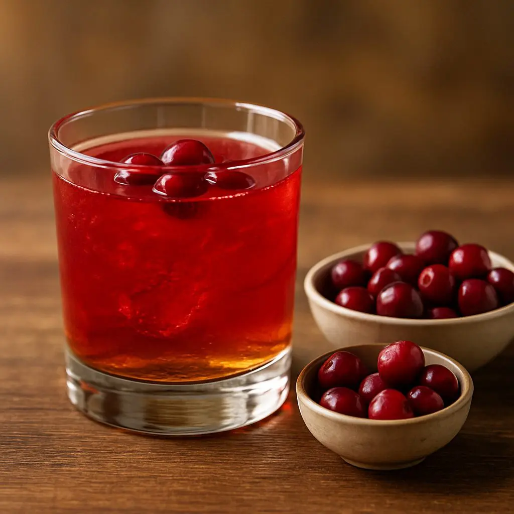 Verre de cocktail rouge au jus de cranberry avec canneberges entières, posé sur une table en bois avec deux bols de fruits.