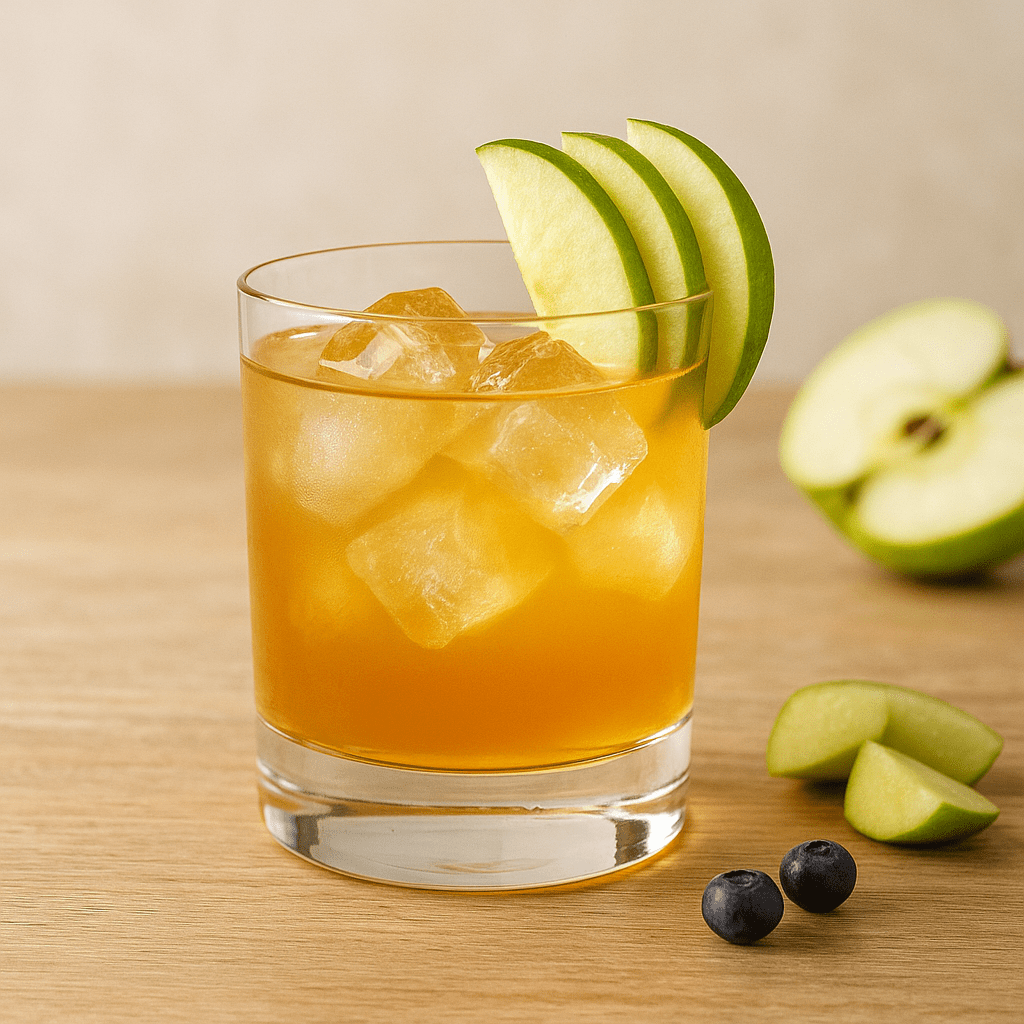 Cocktail au whisky et jus de pomme trouble, servi avec glaçons et tranches de pomme verte