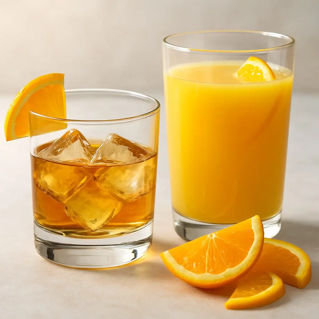 Verre de whisky avec glaçons et tranche d’orange à côté d’un grand verre de jus d’orange frais avec quartiers d’orange.