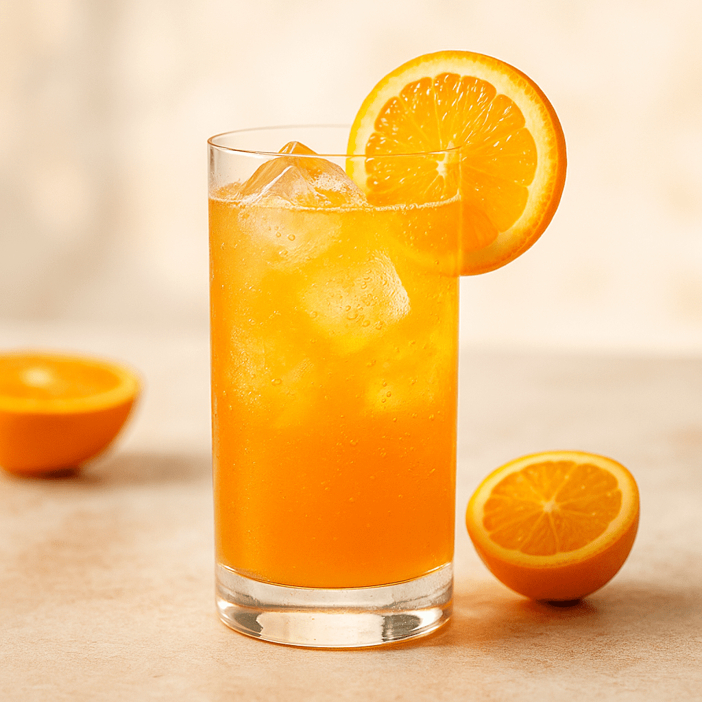Cocktail highball au whisky et jus d’orange avec glaçons et rondelle d’orange