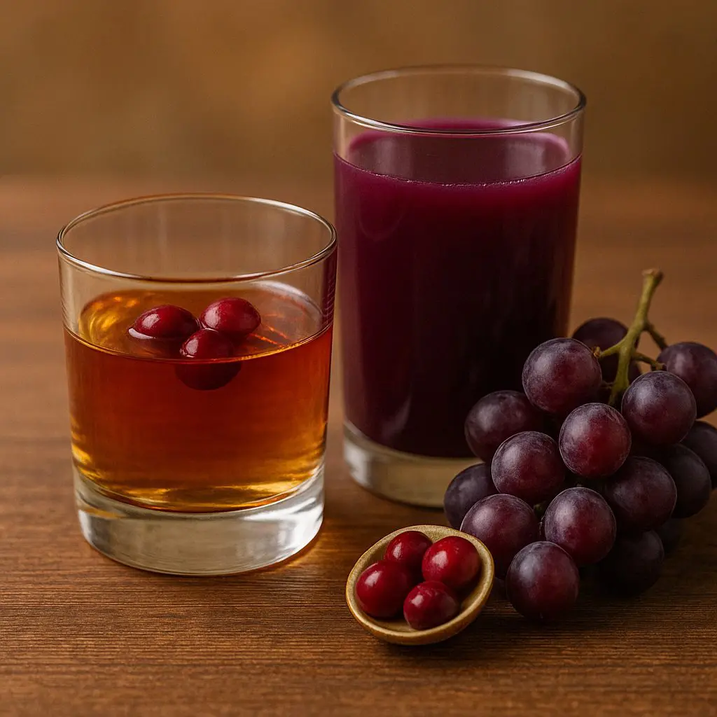 Deux verres de cocktail à base de whisky et jus de raisin, posés sur une table en bois avec grappe de raisin et cranberries.