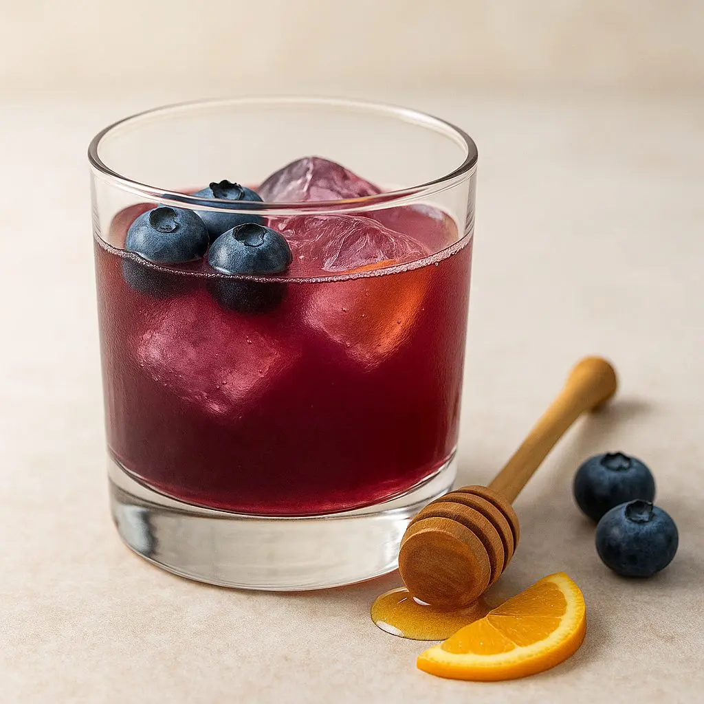 Verre de cocktail au jus de myrtille avec glaçons, myrtilles fraîches, miel et tranche d’orange.