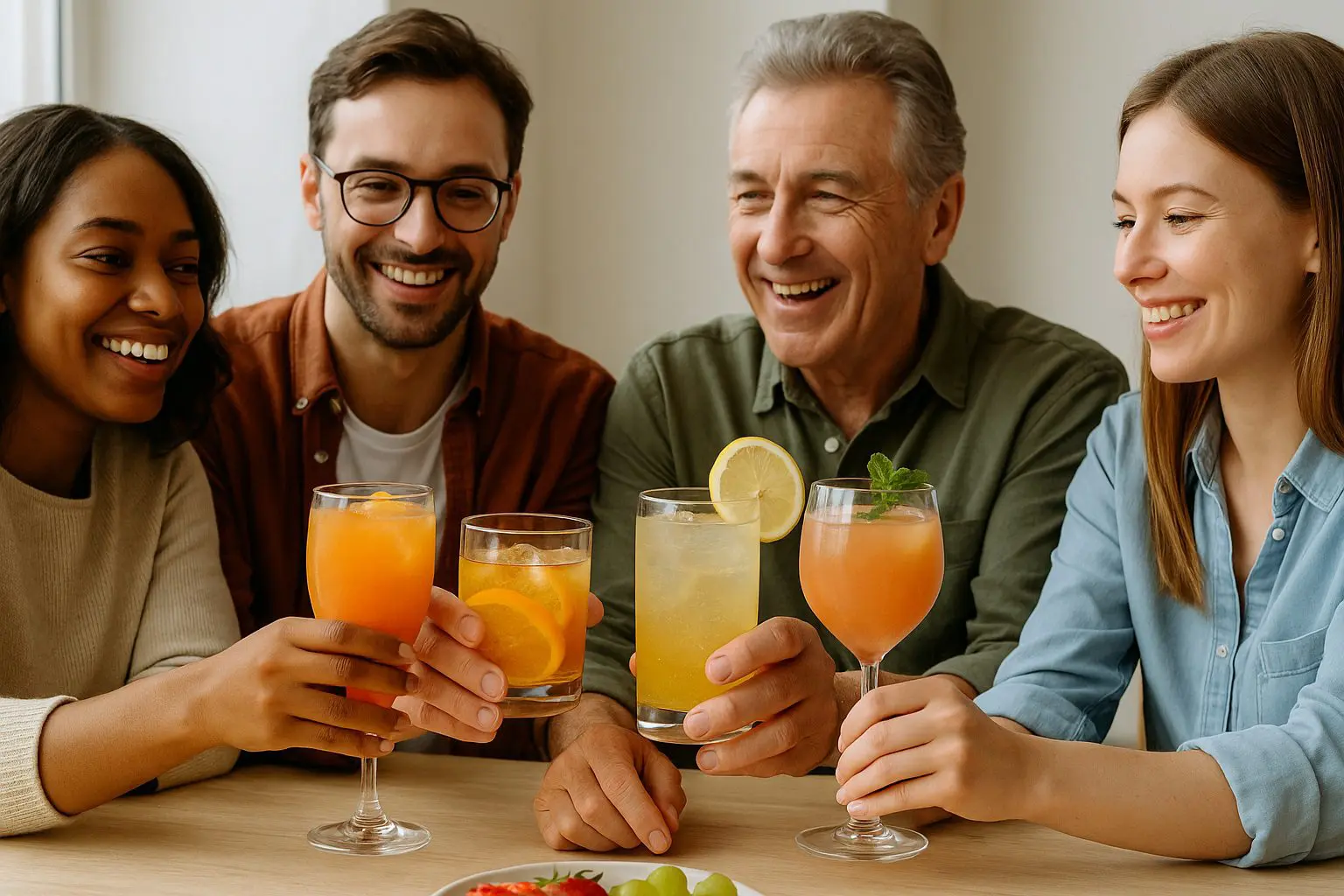 Groupe de quatre personnes souriantes trinquant avec des cocktails à base de whisky et jus de fruit, dans une ambiance conviviale.
