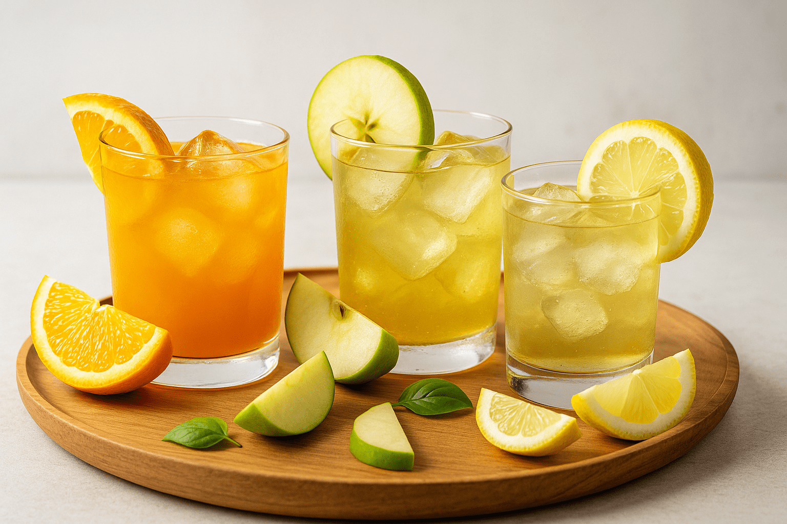 Trois verres de whisky mélangé à du jus d’orange, de pomme verte et de citron, servis avec glaçons et quartiers de fruits frais sur un plateau en bois.