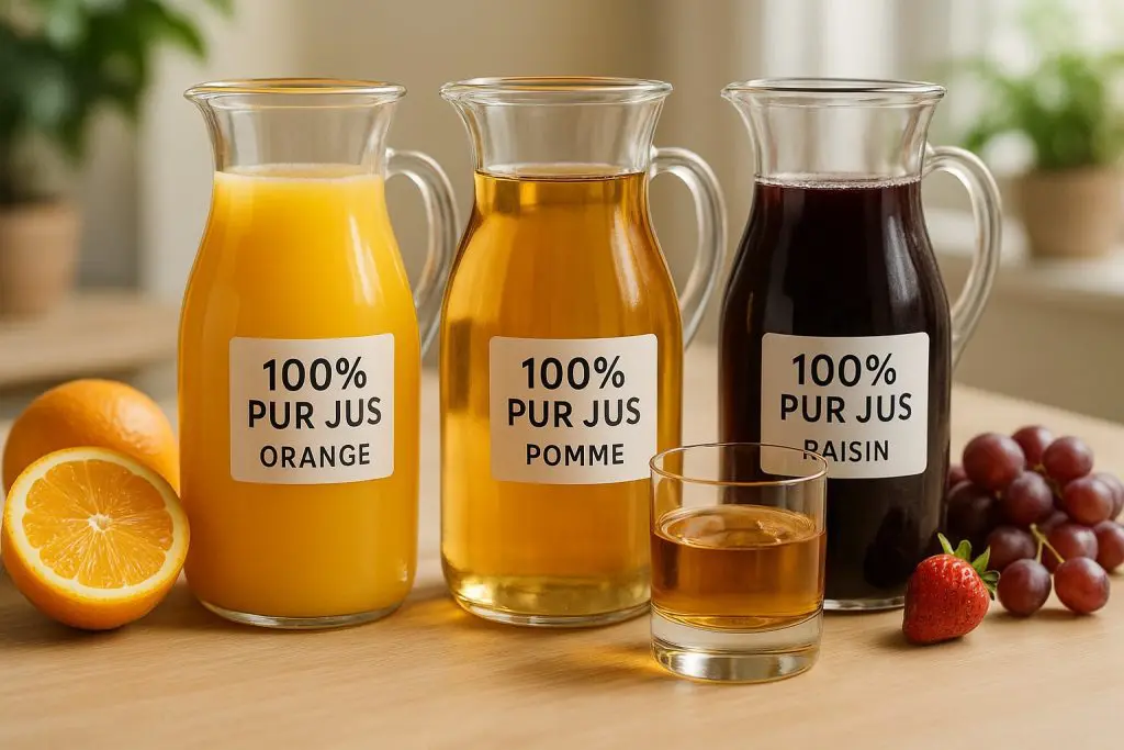 Carafes de jus de fruits 100 % pur jus orange, pomme et raisin, accompagnées d’un verre de whisky sur table en bois.