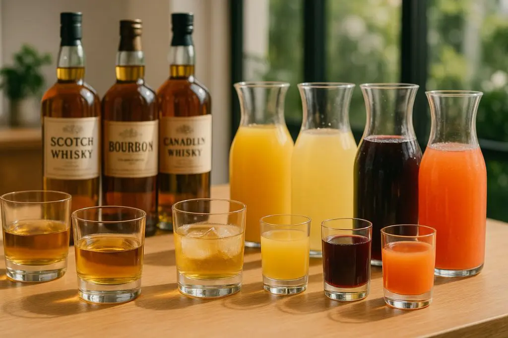 Sélection de jus de fruits et bouteilles de whisky posés sur une table, illustrant les combinaisons possibles pour créer des cocktails équilibrés.