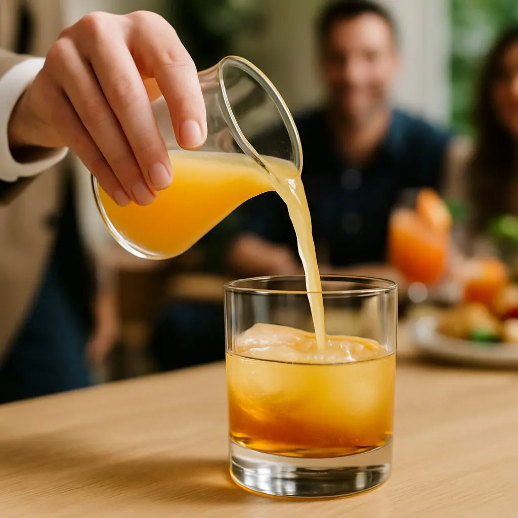 Versement de jus d’orange dans un verre de whisky avec glaçons sur table en bois, ambiance conviviale.