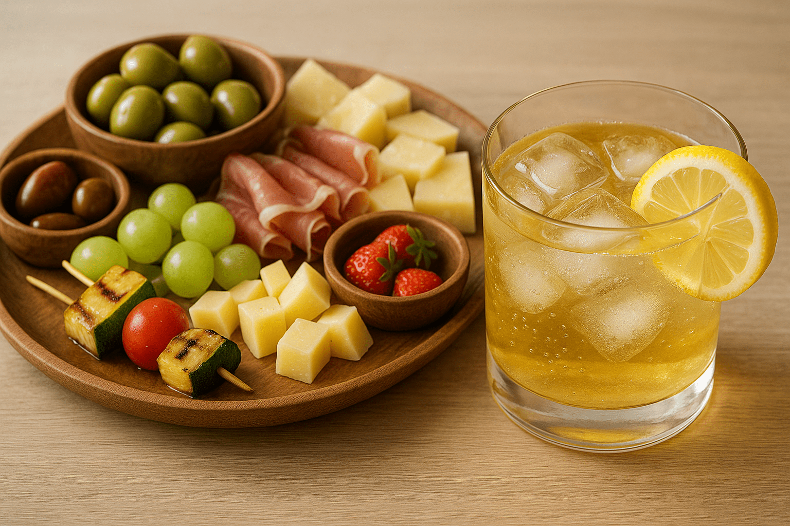 Planche apéritive garnie de fromages, charcuteries, légumes grillés et olives, accompagnée d’un verre de cocktail whisky citron avec rondelle de citron