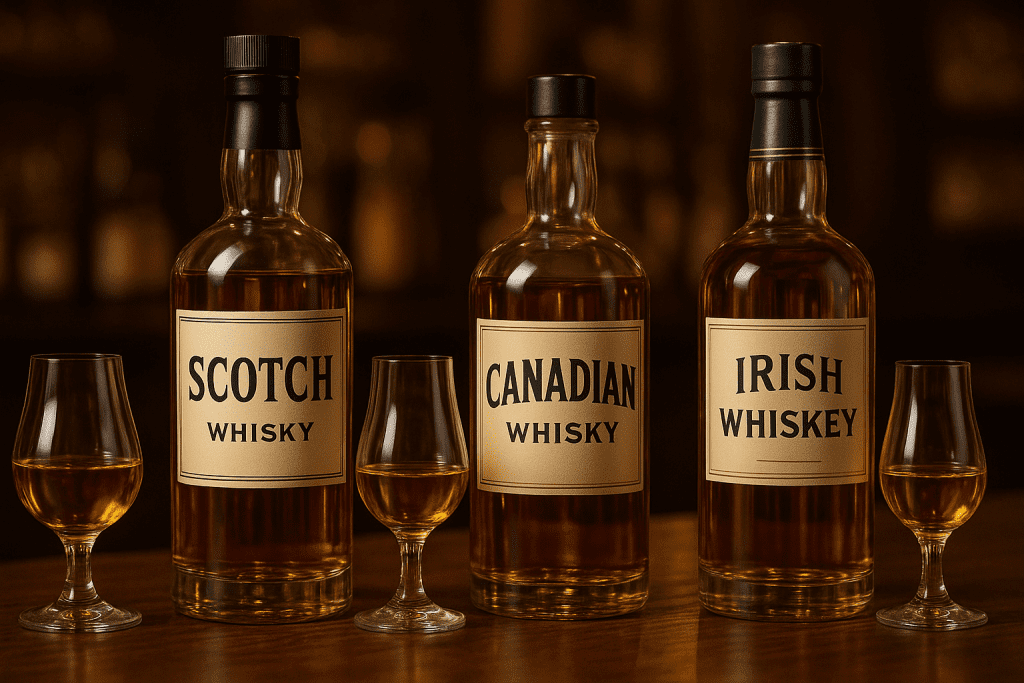 Trois bouteilles de whisky étiquetées Scotch, Canadian et Irish, avec leur verre à dégustation respectif sur une table en bois.