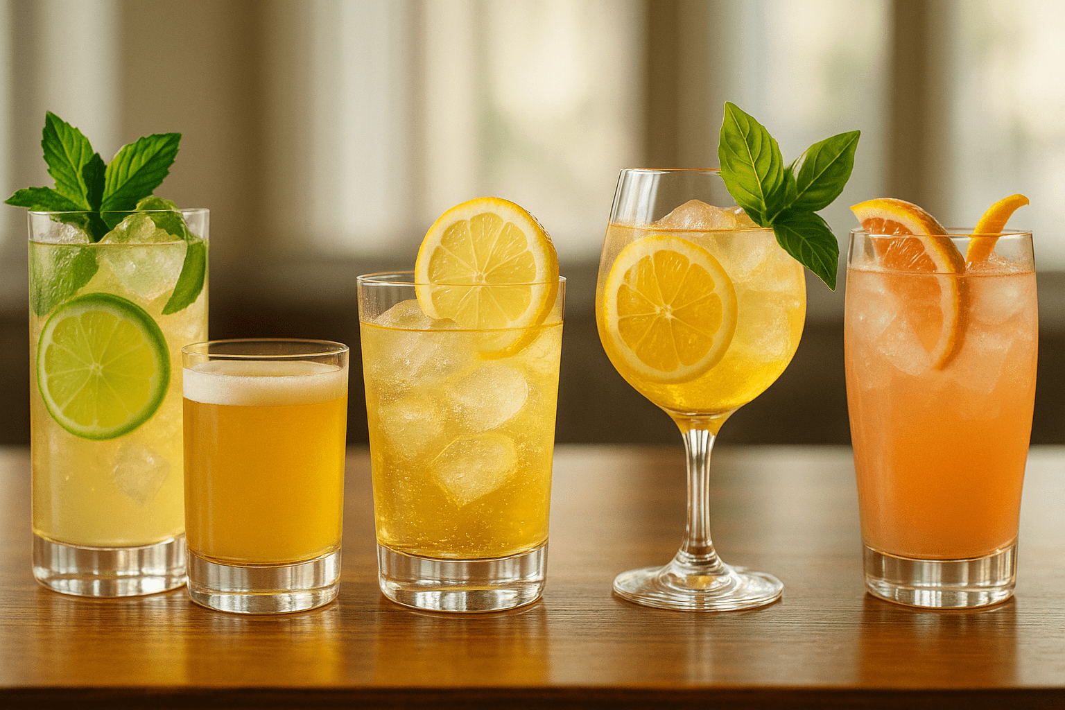 Cinq verres de cocktails whisky citron aux agrumes et herbes fraîches sur un comptoir en bois