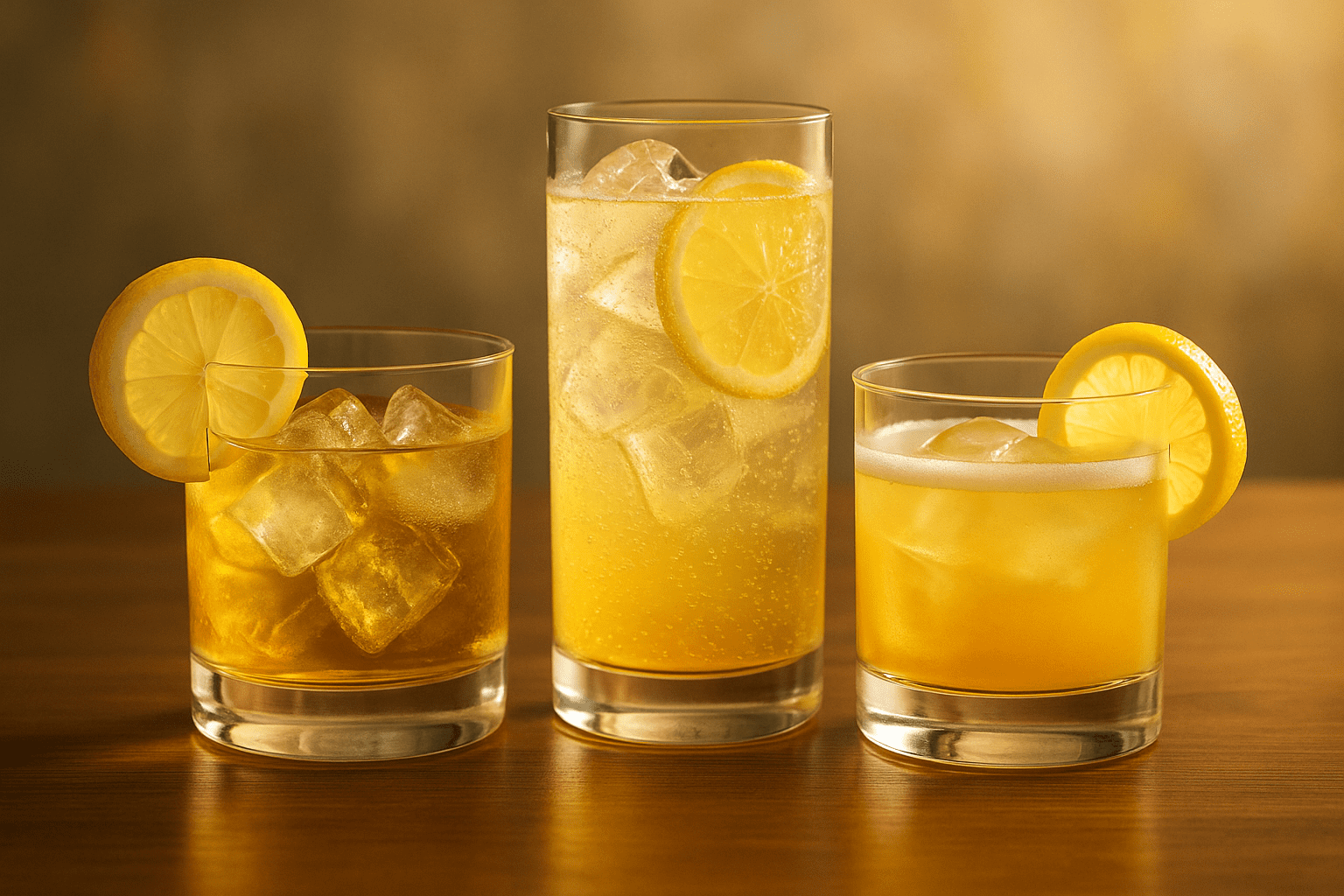 Trois cocktails whisky citron servis dans des verres tumbler, highball et old fashioned, garnis de rondelles de citron