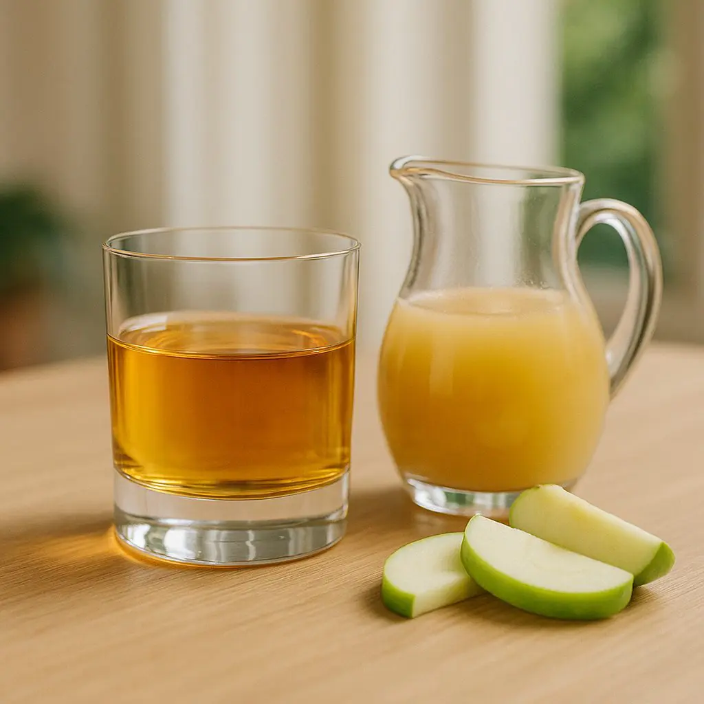 Verre de whisky posé à côté d’un petit pichet de jus de pomme trouble et de quartiers de pomme verte sur table en bois.