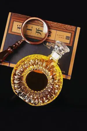 carafe à whisky en verre gravé ronde posée à plat sur un livre, vue du dessus
