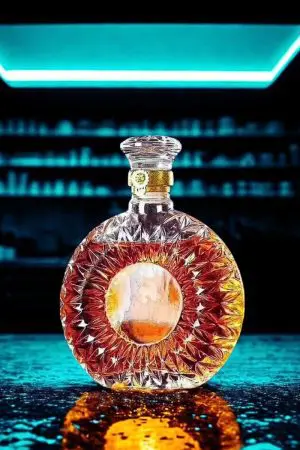 carafe à whisky en verre taillé posée sur une surface brillante, remplie de whisky ambré, fond de bar éclairé en bleu