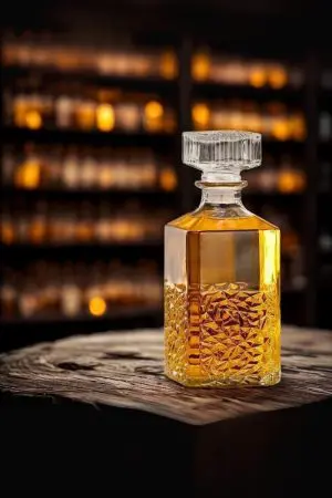 bouteille whisky originale sur table en bois clair, design hexagonal raffiné