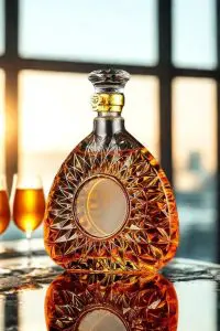 carafe à whisky ronde en verre taillé, remplie de whisky ambré, devant une grande fenêtre