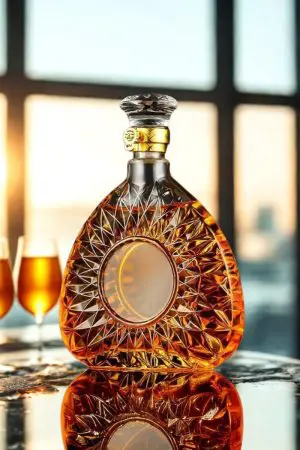 carafe à whisky ronde en verre taillé, remplie de whisky ambré, devant une grande fenêtre