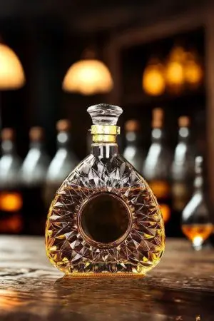 carafe à whisky ronde en verre taillé, remplie de whisky doré, posée à côté d’un verre assorti sur une table claire