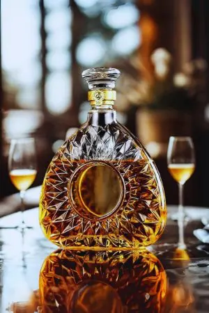 carafe à whisky ronde en verre taillé, remplie de whisky ambré, posée sur une table avec fond de bar éclairé