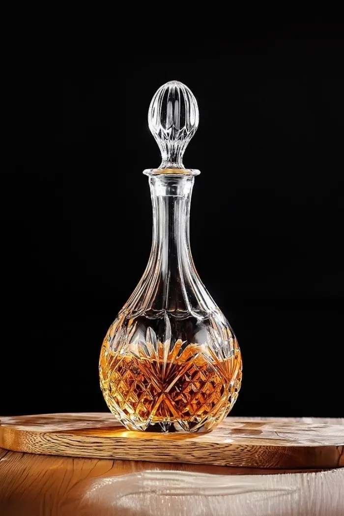 carafe à whisky en verre 800ml élégante avec bouchon sculpté, design lotus vintage, posée sur un plateau en bois, idéale pour présenter et servir du whisky avec raffinement