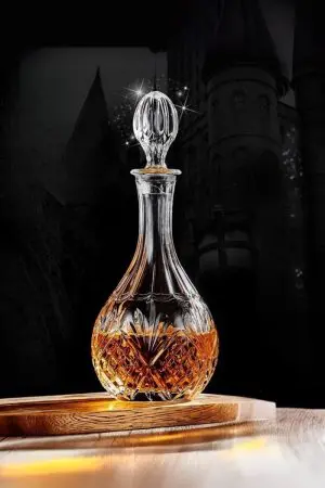 carafe à whisky vintage 800ml en verre transparent avec bouchon travaillé, motif lotus et gravure raffinée, posée sur un plateau en bois clair, contenant du whisky ambré