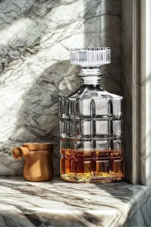 carafe à whisky rayé en verre 800ml design diamond grenade au style contemporain, remplie de whisky doré, reflet sur la surface noire