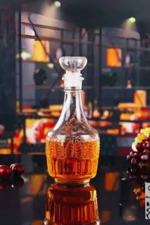 Carafe à whisky en verre gravé, forme ronde, bouchon boule facettée, vue latérale, 850 ml