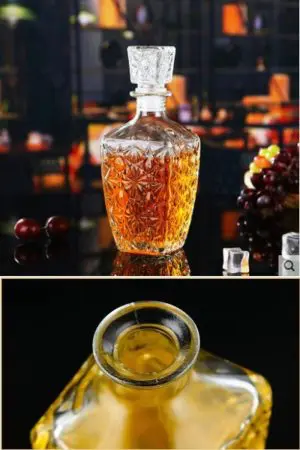 carafe à whisky Classic Star 500 ml en verre gravé avec bouchon carré et gros plan sur le col, décor étoilé, ambiance apéritif