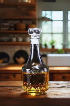 carafe à whisky gravée en verre, partiellement remplie, posée sur une surface texturée claire