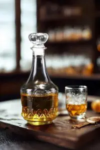 carafe à whisky gravée en verre, contenant une boisson ambrée et rose, accompagnée de six petits verres à shots