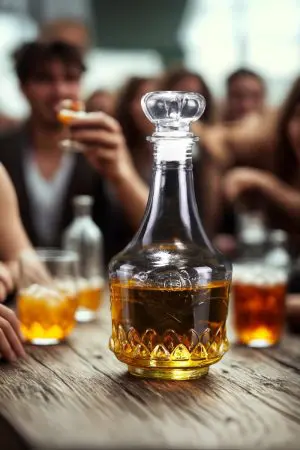 carafe à whisky gravée en verre, remplie de whisky, posée sur un plateau en bois avec un verre assorti