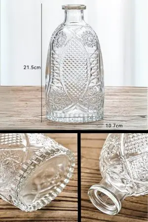 carafe à whisky vintage gravée, vue avec dimensions 21,5 cm x 10,7 cm, détails du fond