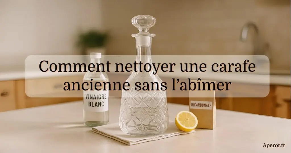 Carafe ancienne en cristal avec vinaigre blanc, bicarbonate et citron pour un nettoyage naturel