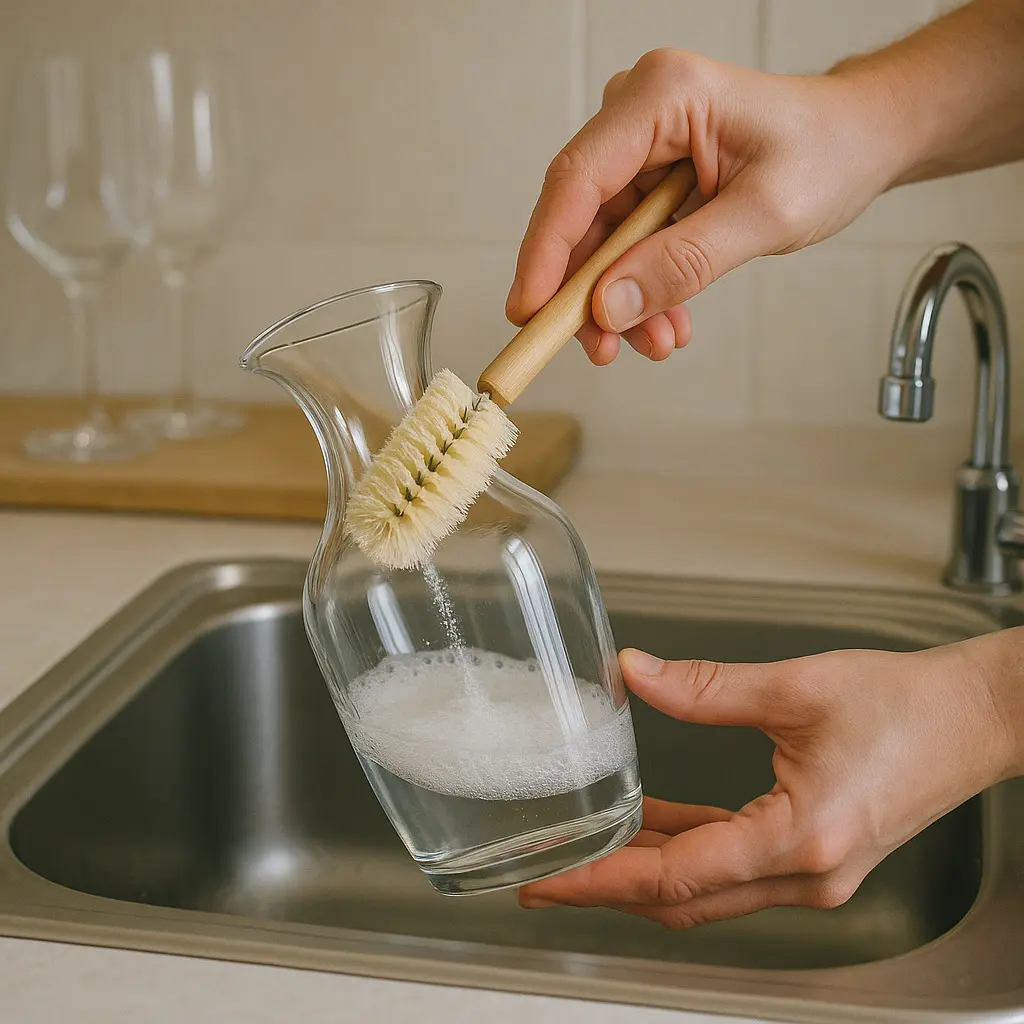 Main nettoyant l’intérieur d’une carafe en verre avec une brosse douce, mousse de bicarbonate ou vinaigre en fond, au-dessus d’un évier