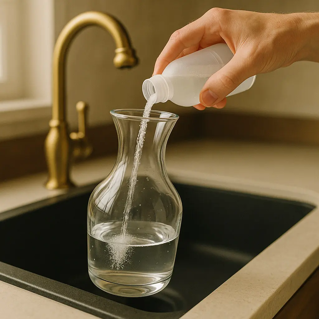 Main versant un produit nettoyant dans une carafe en verre remplie d’eau, posée dans un évier