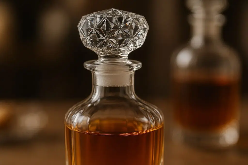 Gros plan sur le bouchon hermétique en verre taillé d’une carafe à whisky remplie, avec une autre carafe floue en arrière-plan.
