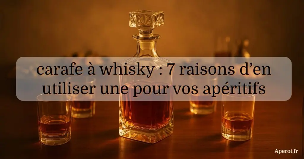 Carafe à whisky en cristal entourée de verres, ambiance chaleureuse, avec titre de l’article “7 raisons d’en utiliser une pour vos apéritifs”