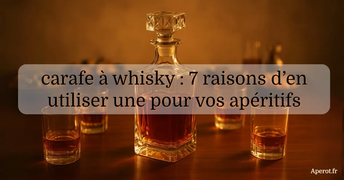 Carafe à whisky en cristal entourée de verres, ambiance chaleureuse, avec titre de l’article “7 raisons d’en utiliser une pour vos apéritifs”