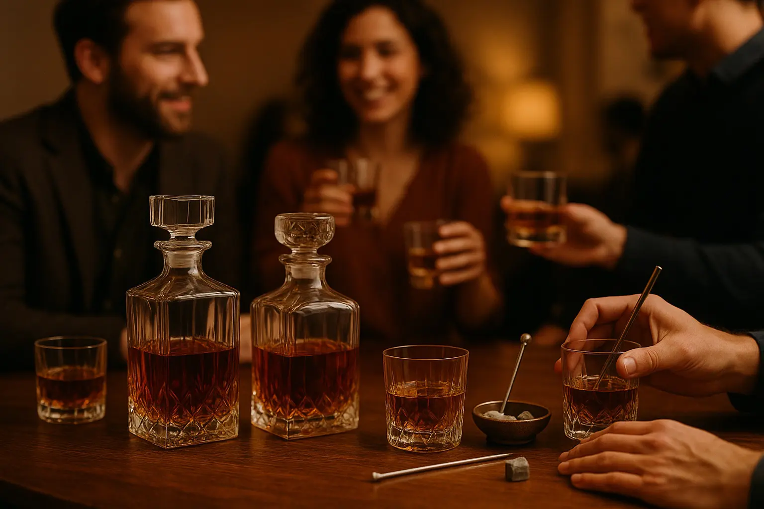 Groupe d’amis partageant un apéritif autour de deux carafes à whisky en cristal et plusieurs verres remplis, sur une table en bois.