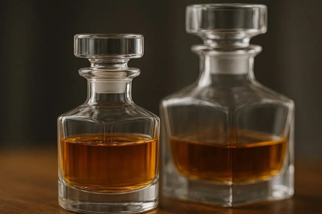 Deux carafes à whisky en verre transparent avec bouchon hermétique, posées sur une table, partiellement remplies de whisky ambré.