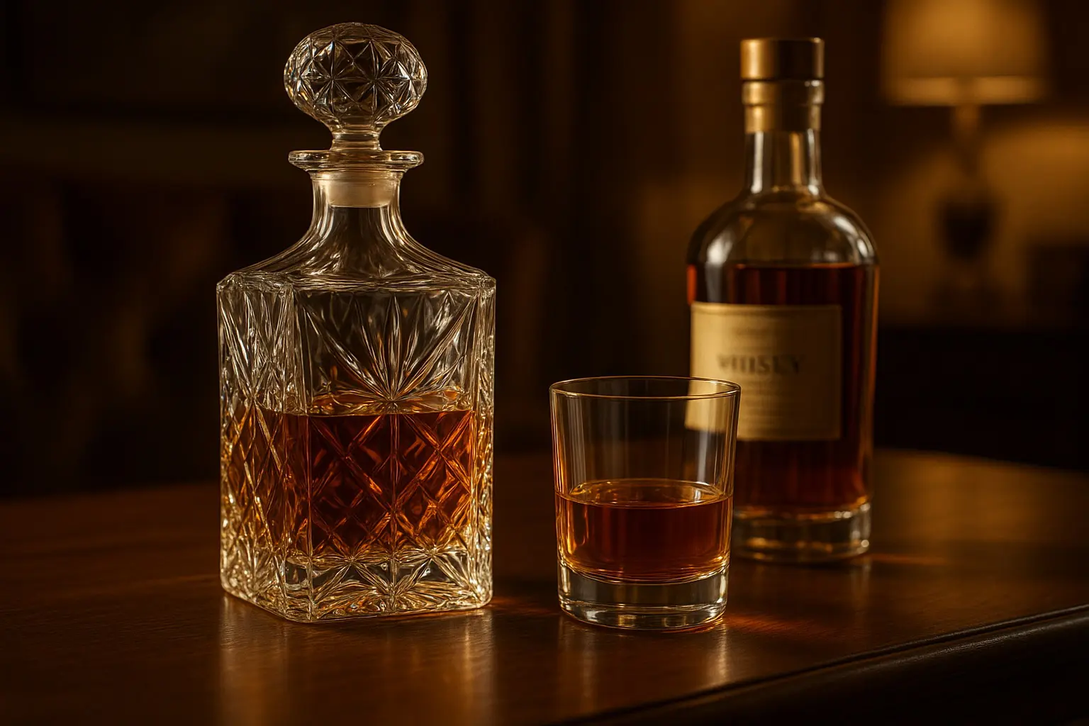 Carafe à whisky en cristal taillé, verre rempli de whisky ambré et bouteille haut de gamme posés sur une table en bois dans une ambiance feutrée.