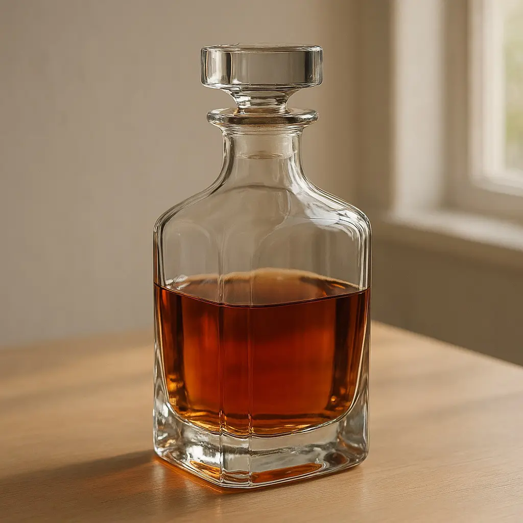Carafe à whisky en verre épais avec bouchon hermétique posée sur une table en bois, lumière naturelle.