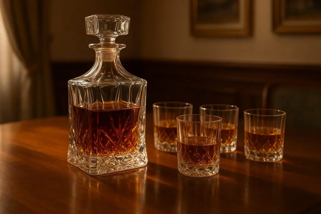 Carafe à whisky en cristal avec quatre verres assortis, remplis de whisky ambré, sur une table en bois dans une ambiance chaleureuse.
